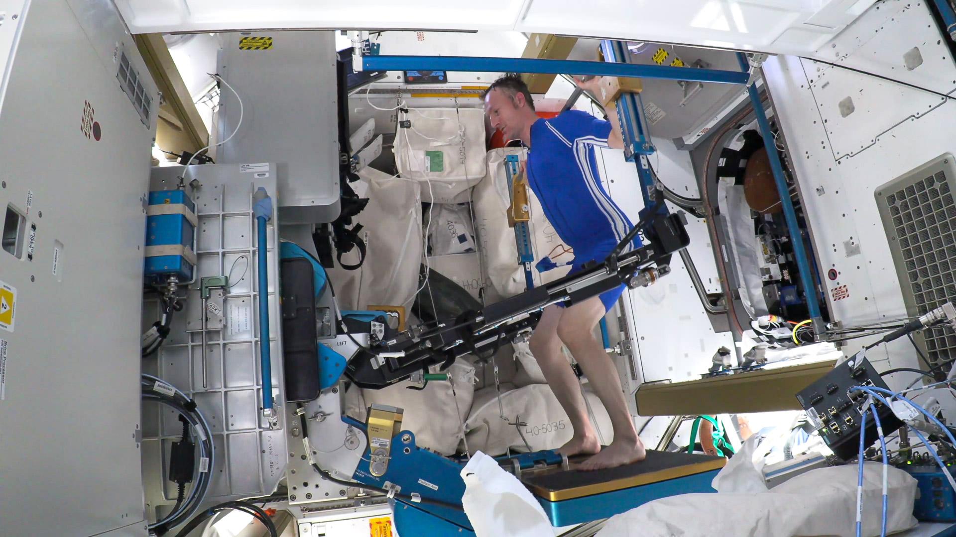 Knie­beu­gen in Schwe­re­lo­sig­keit mit dem EMS-An­zug  Bild 2/3, Credit: ESA/NASA