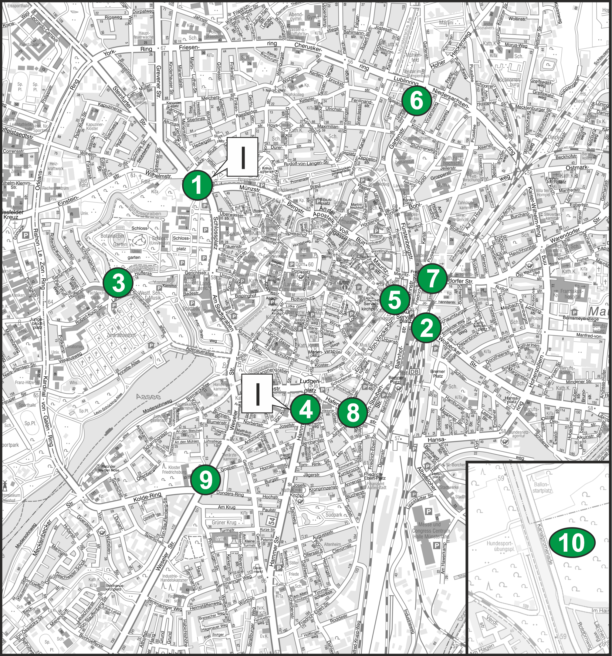 An zehn Stellen in der Stadt sind Fahrradzählstationen platziert. Karte: Stadt Münster