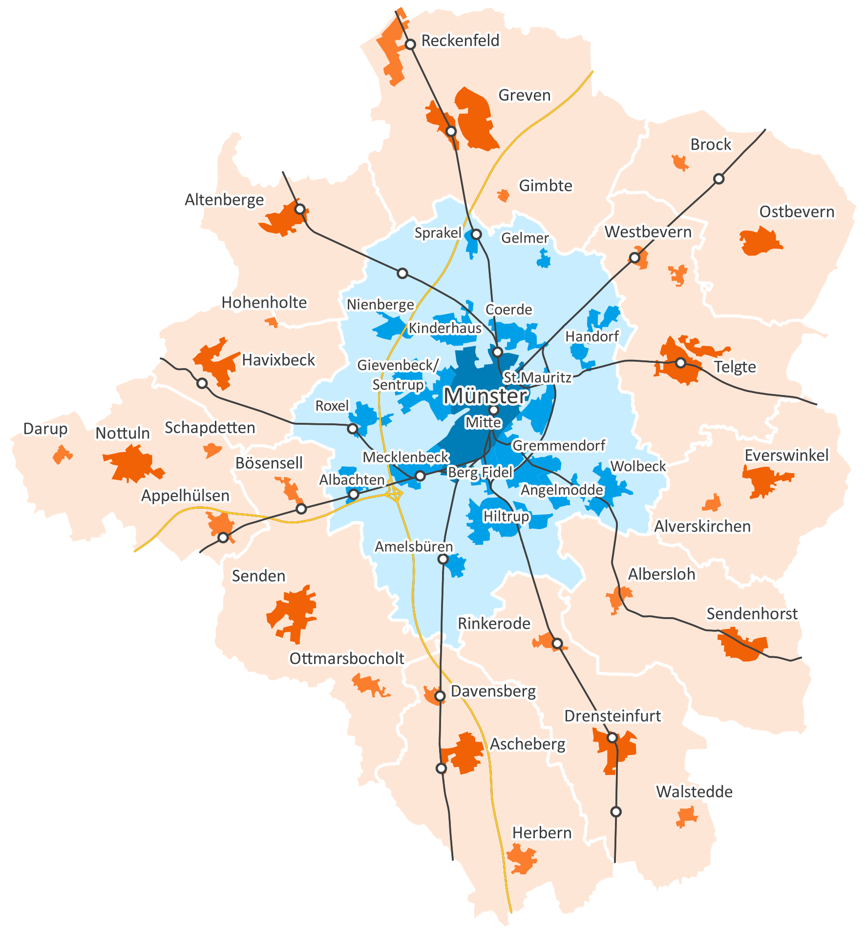 Übersicht Stadtregion Münster/Darstellung: Quaestio/Kartengrundlage GeoBasis-DE_BKG (2020).