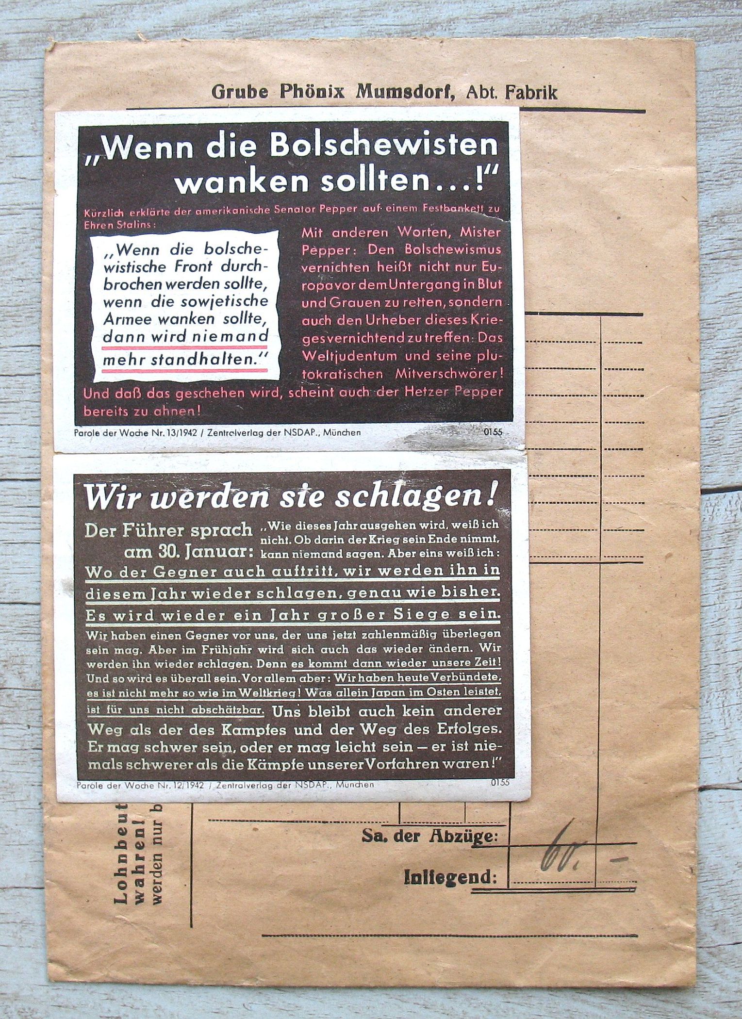 Die Nationalsozialisten nutzen die Lohntüten, um ihre Propaganda zu verbreiten, wie auf dieser Tüte aus dem Jahr 1942./ LWL/Thier