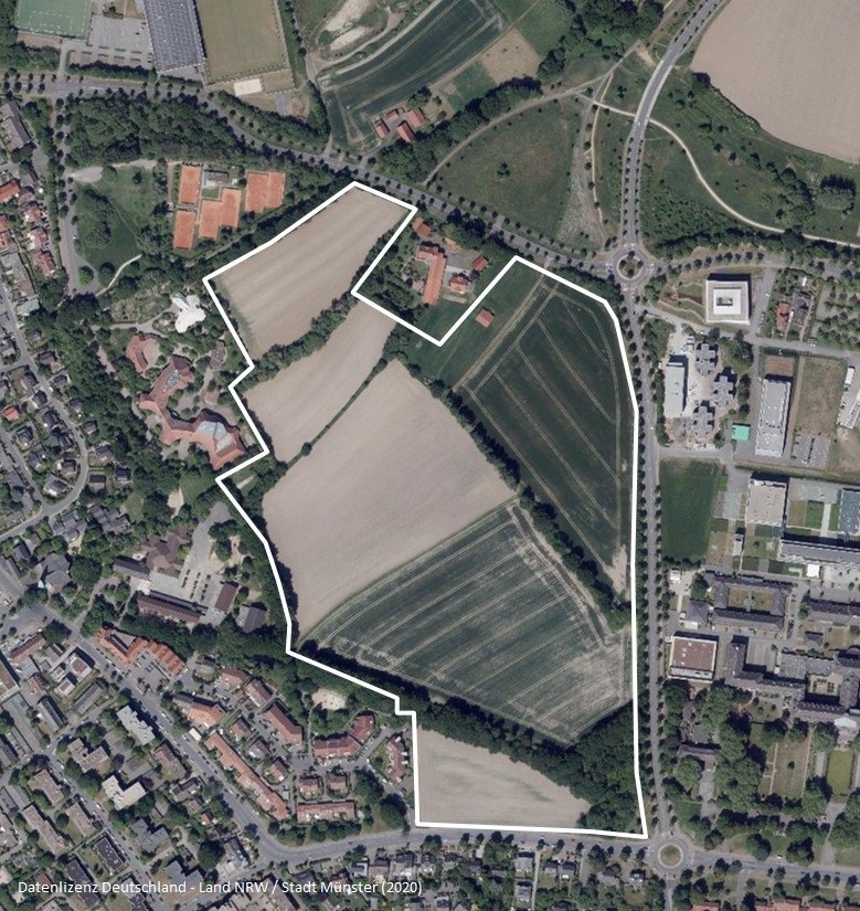 An der Busso-Peus-Straße soll eine Fläche von 18 Hektar für ein urbanes Wissensquartier entwickelt werden./Stadt Münster.