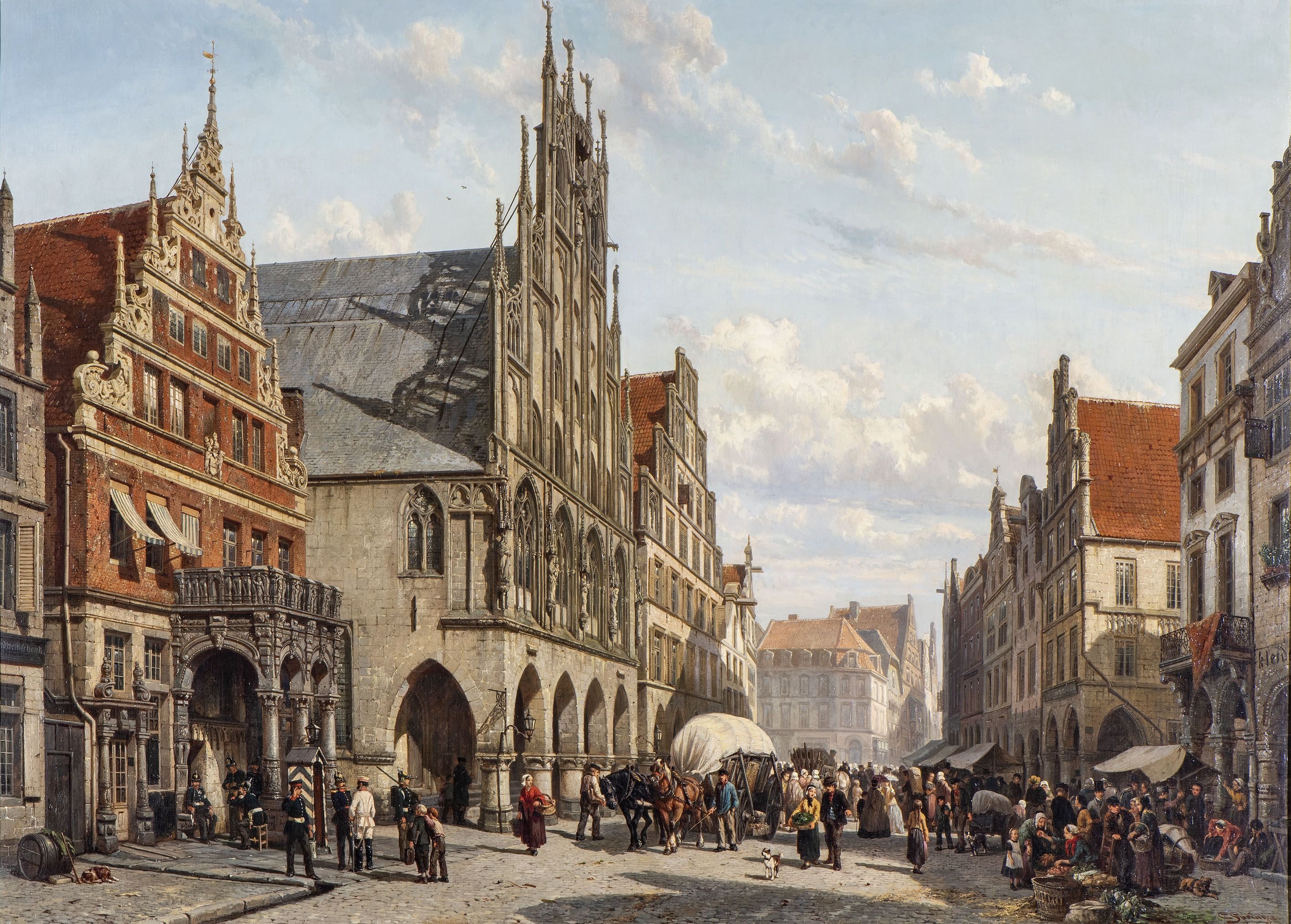 Cornelis Springer, Gemälde (Öl auf Leinwand), der Prinzipalmarkt, datiert und signiert 1865/66. / Stadtmuseum Münster.