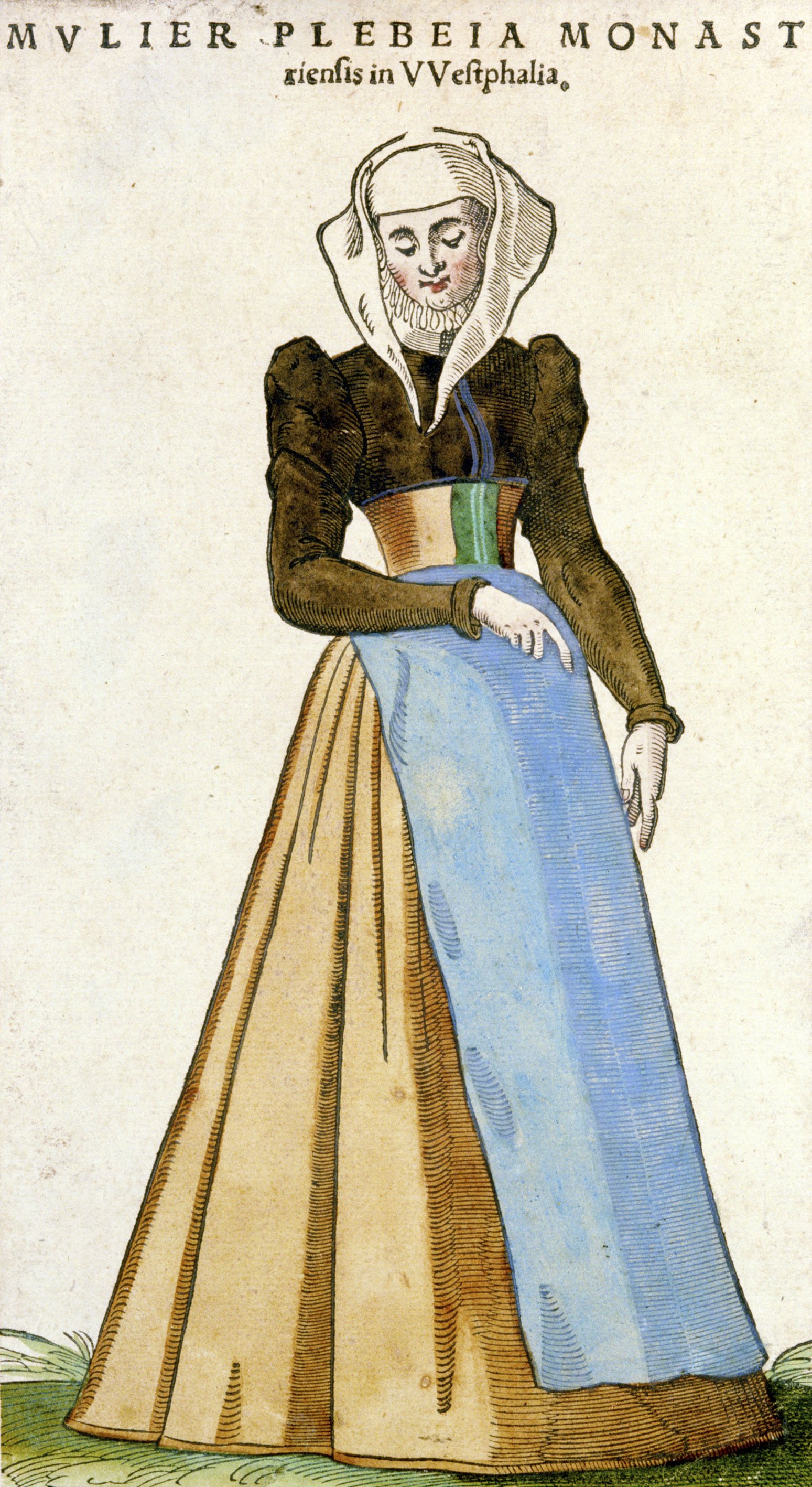 Bürgersfrau aus Münster, kolorierter Holzschnitt von Hans Weigel, unsigniert und undatiert, 1577./Stadtmuseum Münster