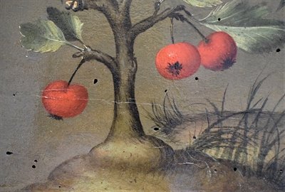 Der Käfer ist ausgeflogen, die Löcher bleiben: An diesem Gemälde auf Holz des Malers Ludger tom Ring der Jüngere aus dem 16. Jahrhundert sieht man deutlich, was Schädlinge aus früheren Zeiten angerichtet haben. Foto: Stadt Münster / Zinke.