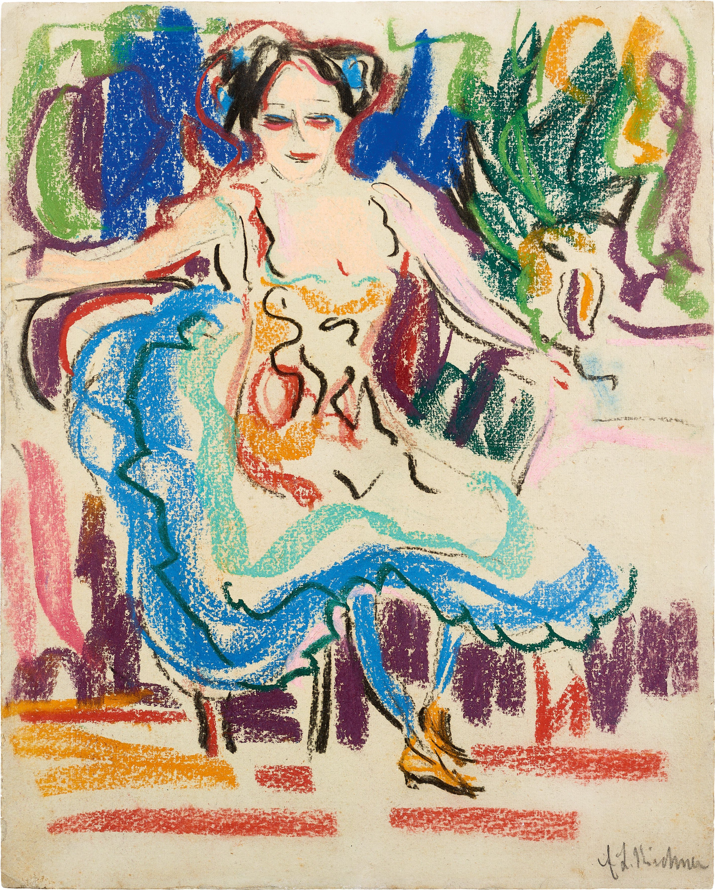 Ernst Ludwig Kirchner, Tänzerin in einem Sessel, um 1908, Farbstifte auf Papier