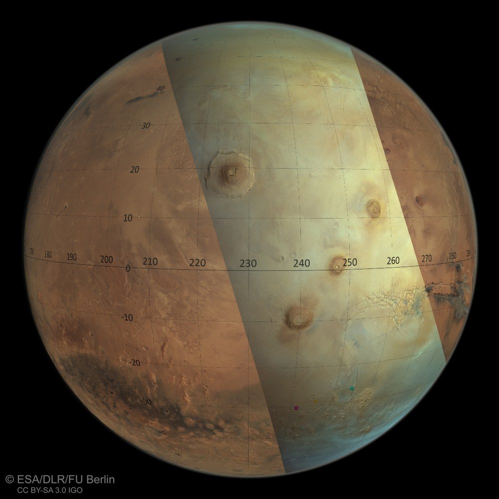 Das Blickfeld der DLR-Kamera HRSC über den Mars im Orbit 25.000